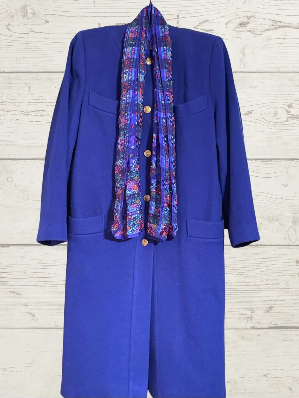 Vintage FLEURETTE Women's Coat Wool Scarf Set Royal Blue Power Shoulder 8